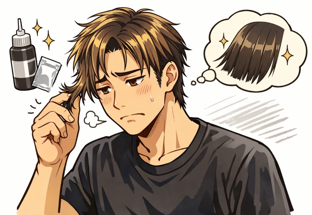 ヘアカラーで髪が傷んでいることに悩んでいる男性の画像