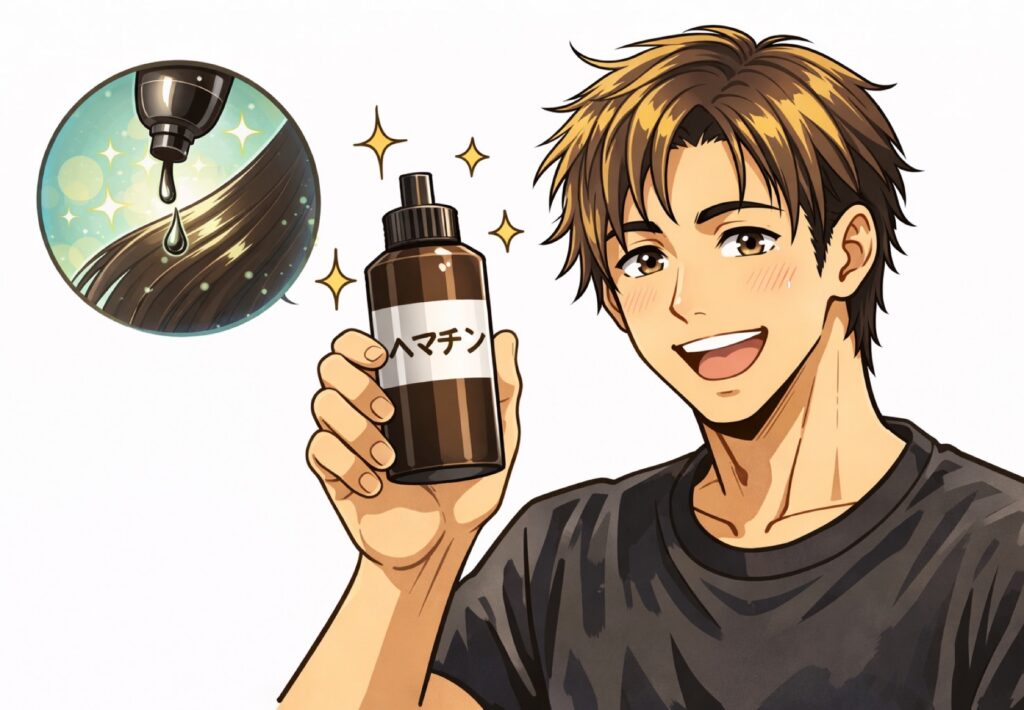 ヘアカラーの色落ちやダメージを回復する効果のあるヘマチンを持って喜ぶ男性の画像