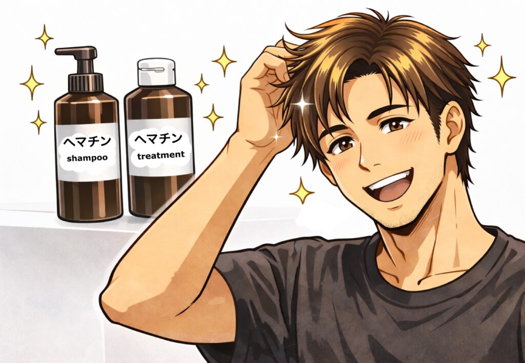 ヘマチン入りシャンプーとトリートメントでヘアカラー後のダメージケアができて喜んでいる男性の画像