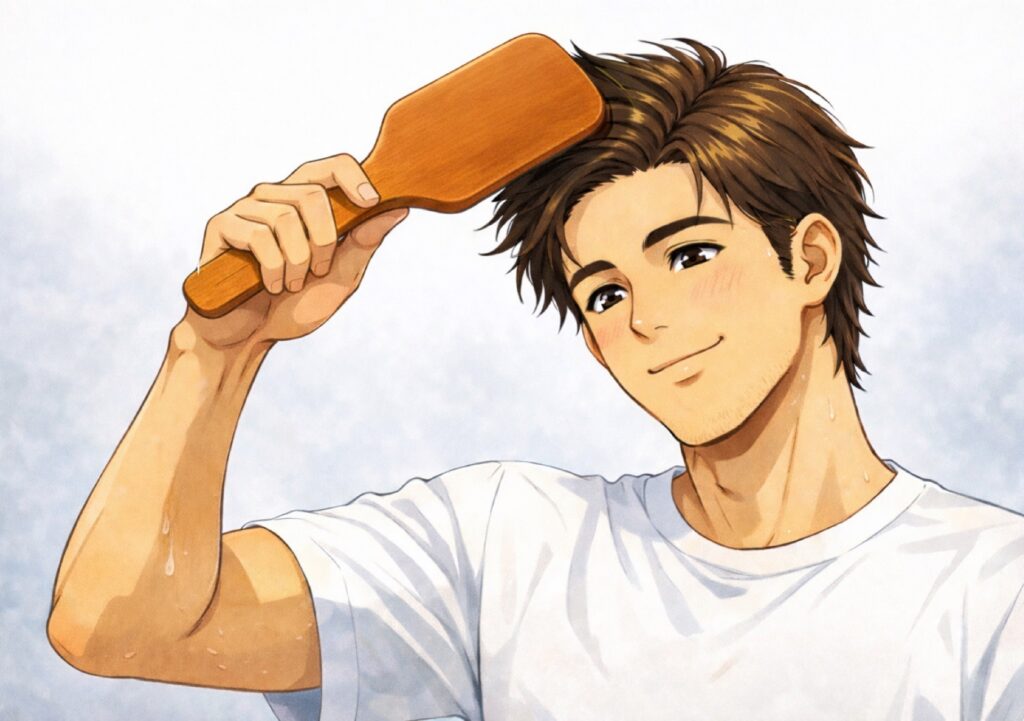 シャンプー前にパドルブラシでブラッシングをしている男性の画像