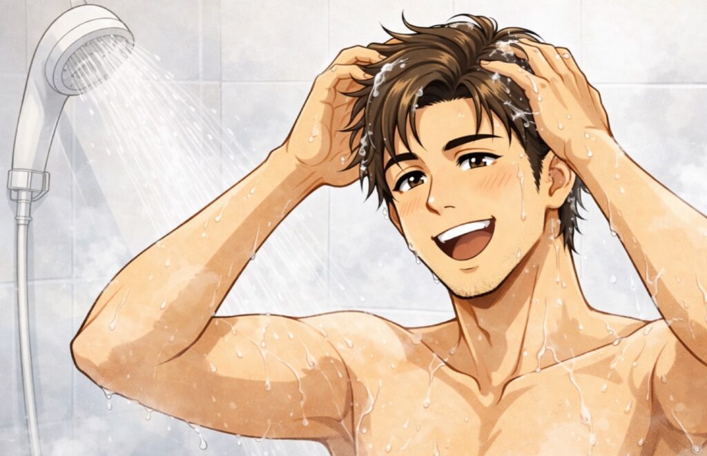 シャワーのお湯だけでシャンプー前の予洗いをする男性の画像