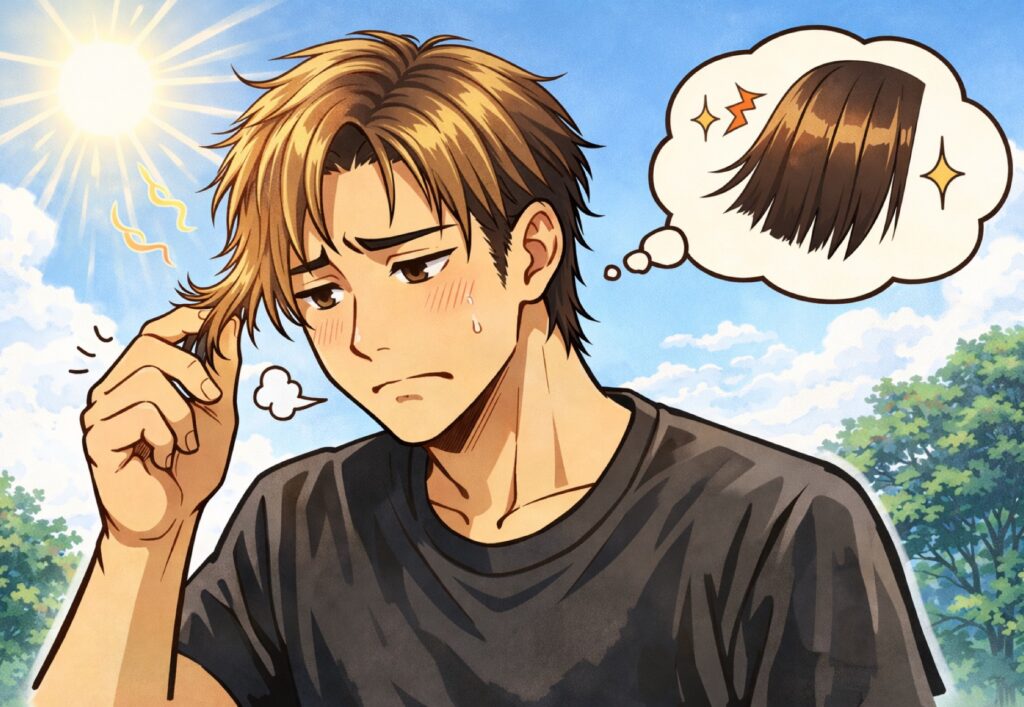 日光(紫外線)に当たって髪色が褪色することにガッカリしている男性の画像