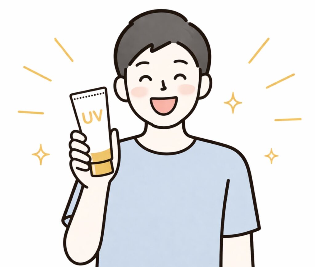 メンズ顔用日焼け止めの中から自分の肌に合っている1本を見つけて喜ぶ男性の画像