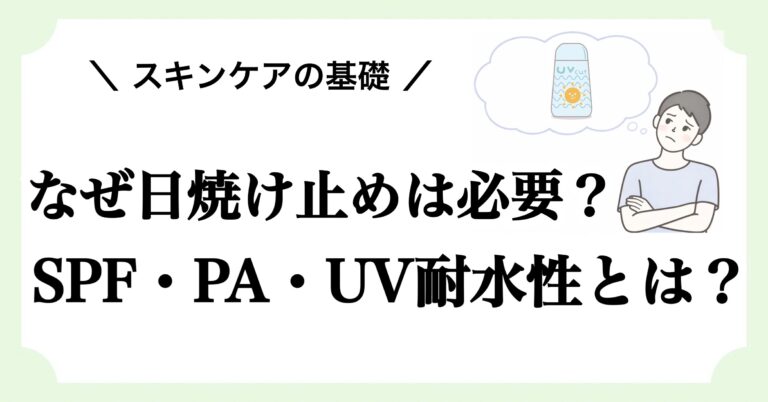 日焼け止めの必要性と日焼け止めに表示されているSPF・PA・UV耐水性の意味を解説する記事のアイキャッチ画像