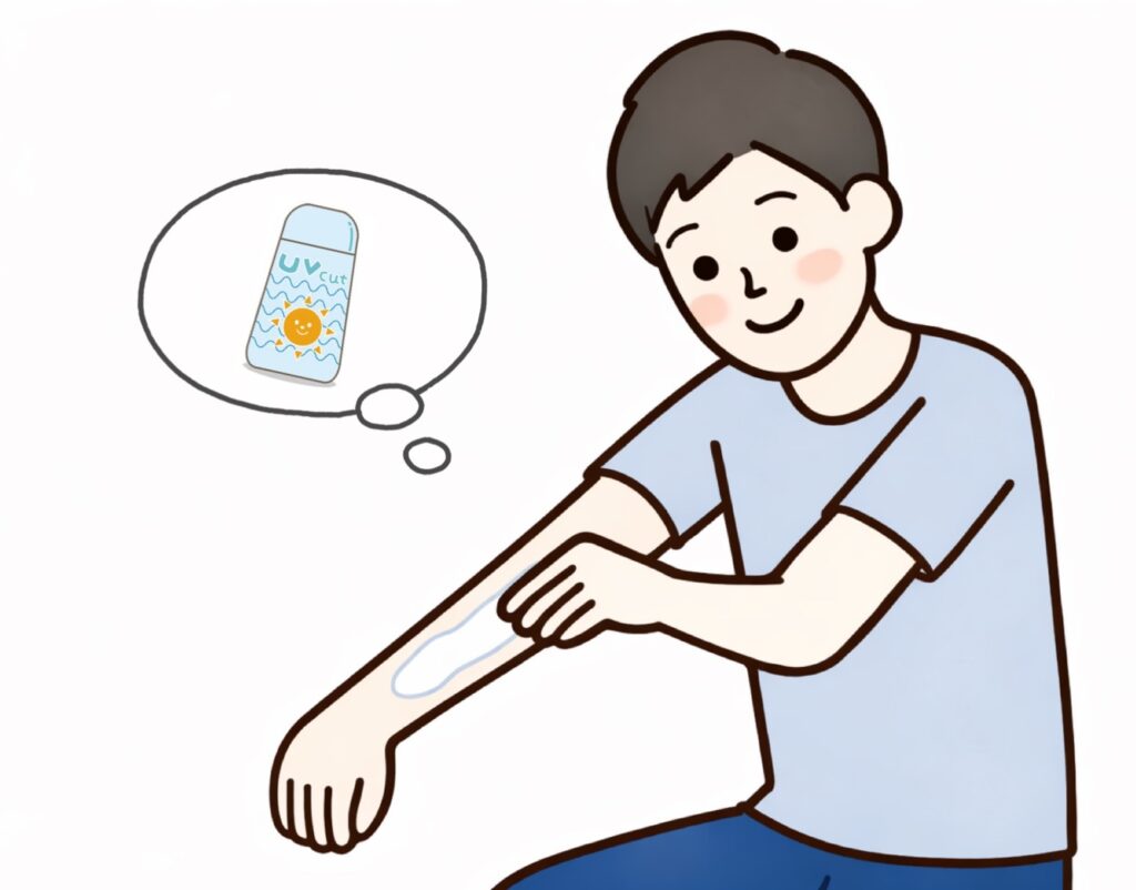 たくさんのメンズ向け日焼け止めの中から自分に合う1本を見つけて体に塗っている男性の画像