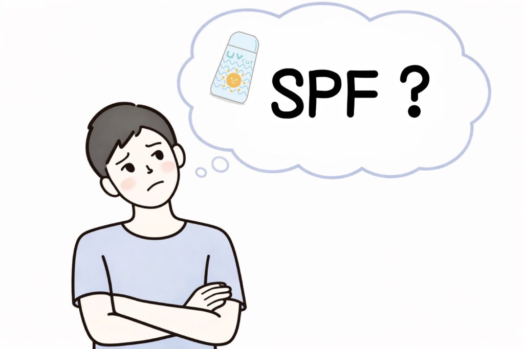 日焼け止めに表示されている「SPF」について考えている男性の画像