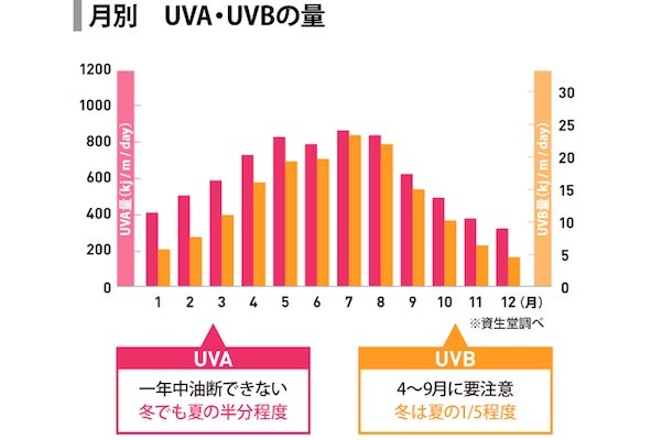 1年間に降り注ぐ紫外線(UVA・UVB)を月別で表したグラフの画像