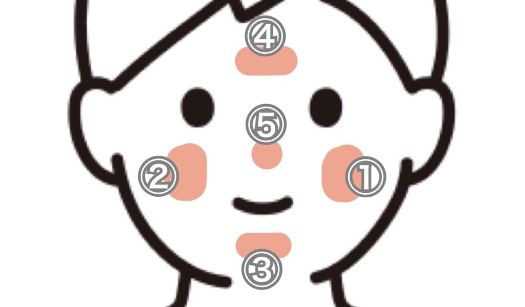 メンズBBクリームを顔に5点置きしている画像