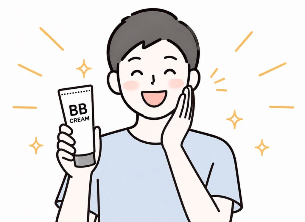 メンズBBクリームを塗って肌悩みがカバーでき、整った肌になったことで喜んでいる男性の画像
