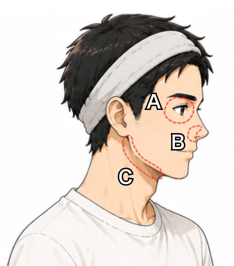 【メンズBBクリームの基本の塗り方】メンズBBクリームをスポンジを使ってキレイに塗り終えたら、最終チェック箇所を説明する男性の画像