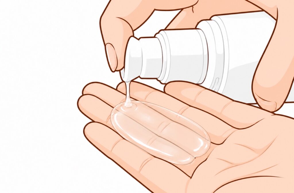 日焼けをした肌のアフターケアのために塗る化粧水や保湿剤を手に取っている男性の画像