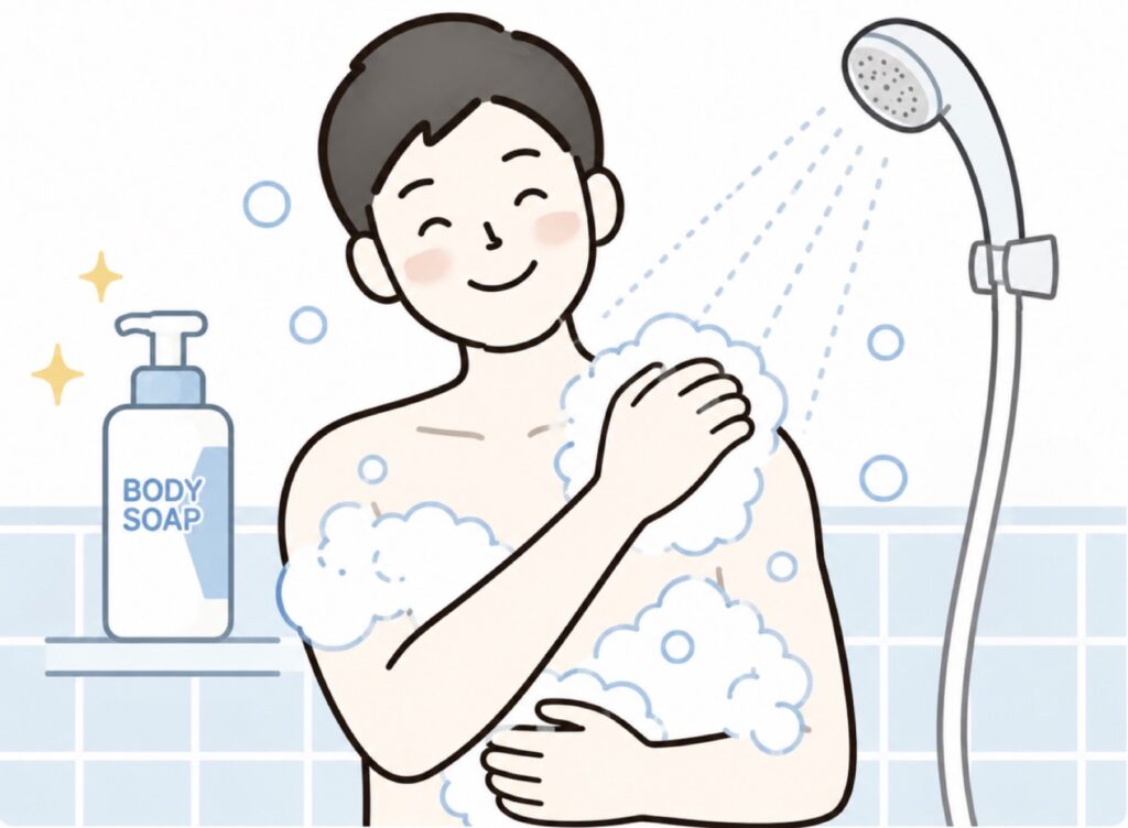 お気に入りのメンズボディソープで体を洗ってご機嫌な男性の画像