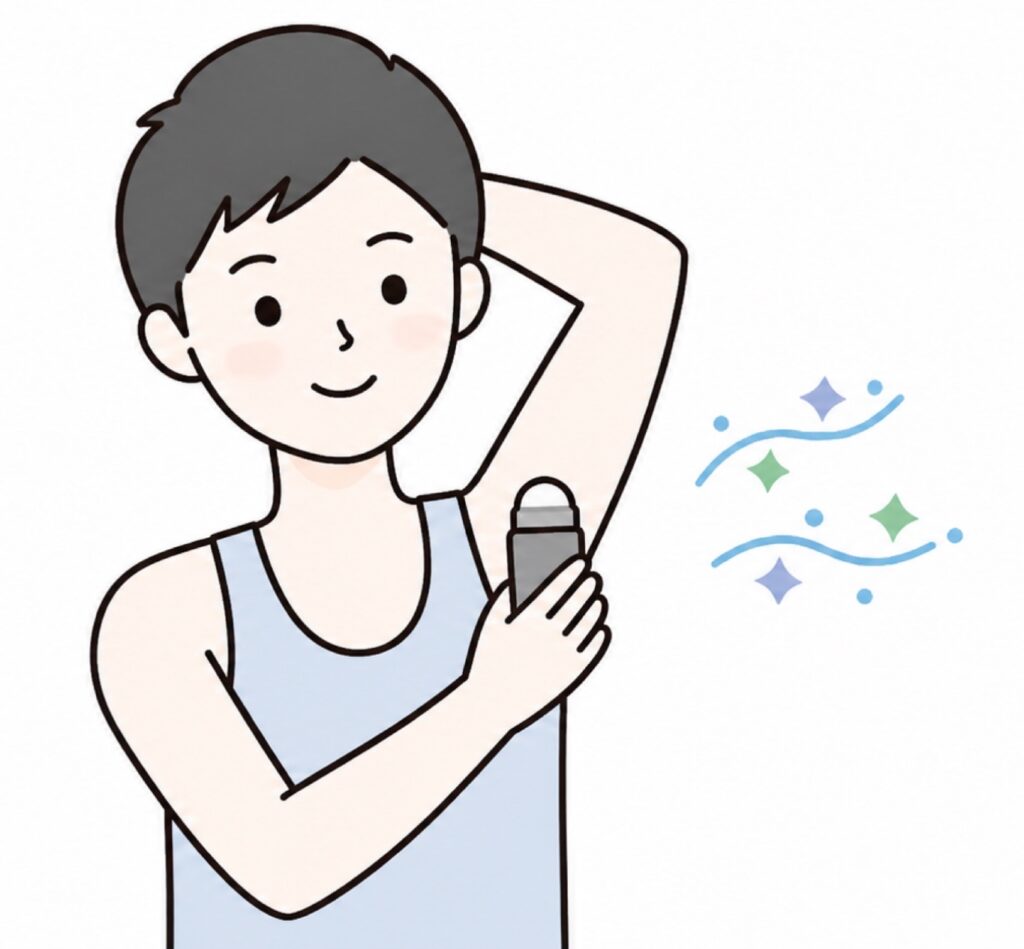 メンズ向け制汗剤・デオドラントの中から自分に合う制汗剤を見つけて使っている男性の画像。