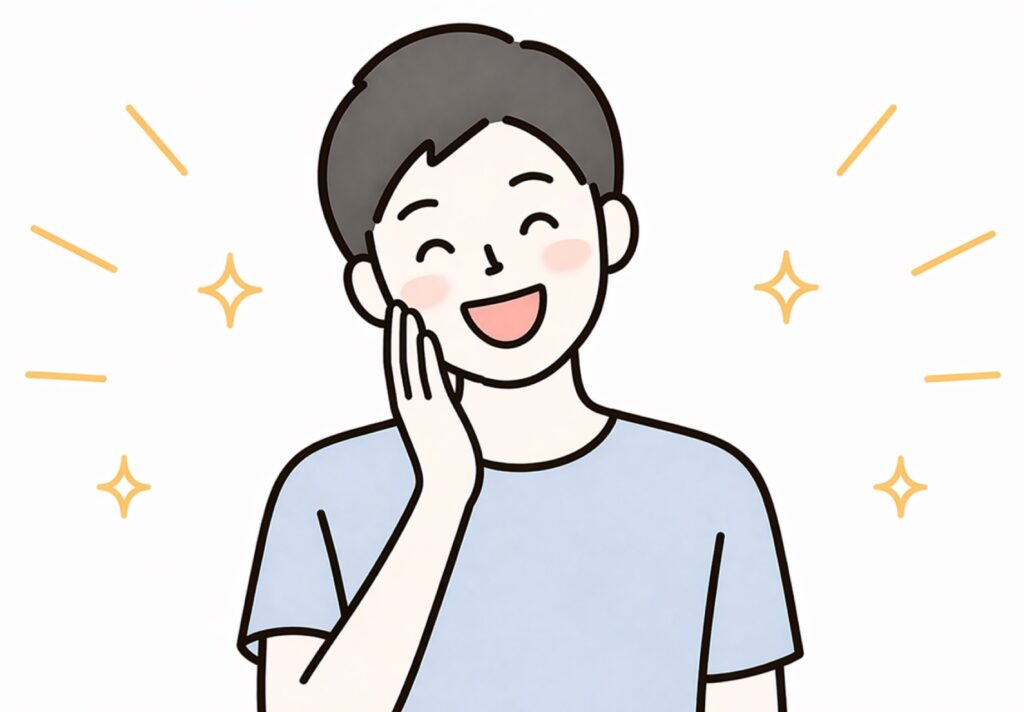プリマヴィスタブラックのスティック・下地・パウダーを使ったことで、肌のテカリやベタつきが気にならなくなって喜んでいる男性の画像。