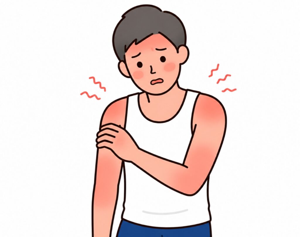 日焼けをして肌に赤みやヒリヒリがある男性の画像