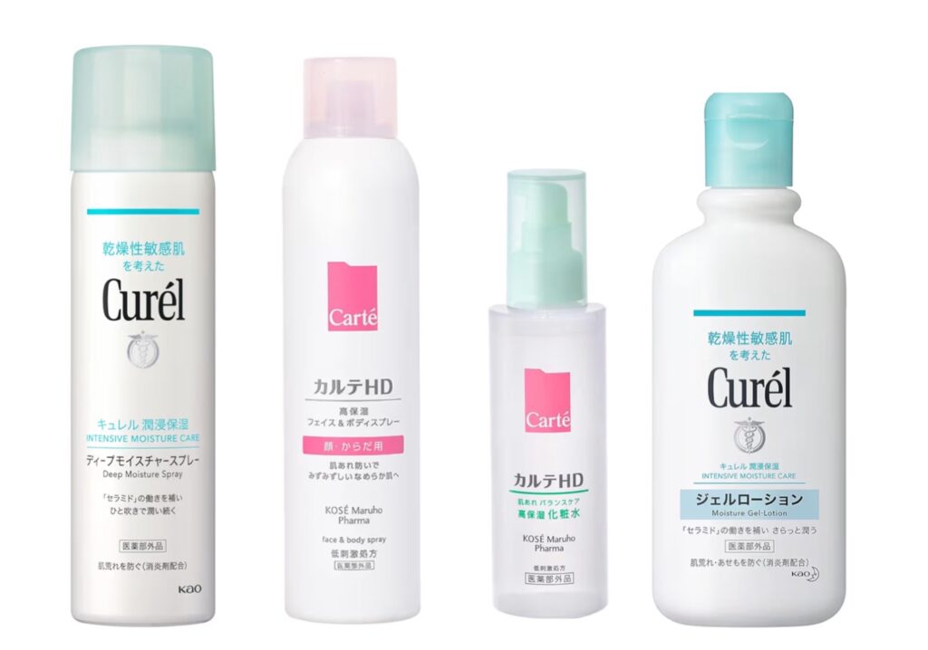 日焼けした肌のアフターケアに向いているスプレータイプの化粧水とボトルタイプの化粧水を紹介する画像