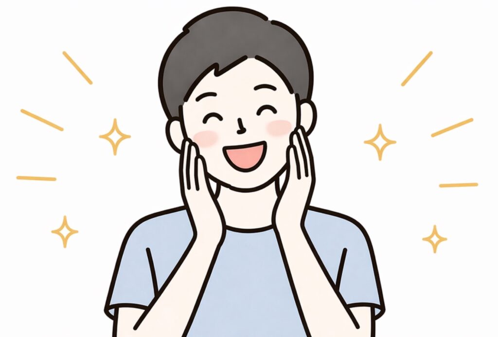 「ソフィーナ ベーシック(SOFINA BASIC+)」の「うるおいターボ化粧水」と「うるおいターボ乳液」を使って肌状態が良くなって喜んでいる男性の画像。
