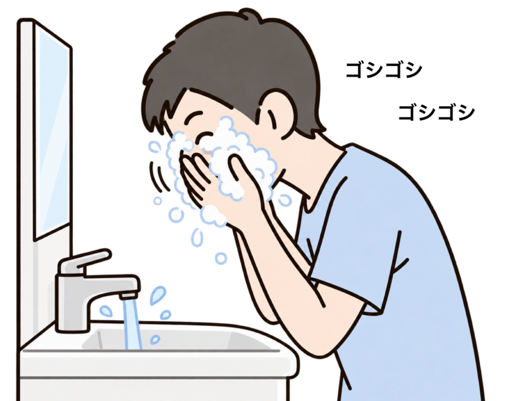 洗面台で肌をゴシゴシ擦りながら洗顔をしている男性の画像。