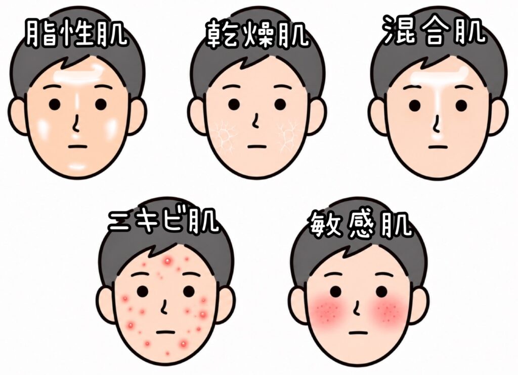 メンズの肌タイプ、脂性肌・乾燥肌・混合肌・ニキビ肌・敏感肌の画像