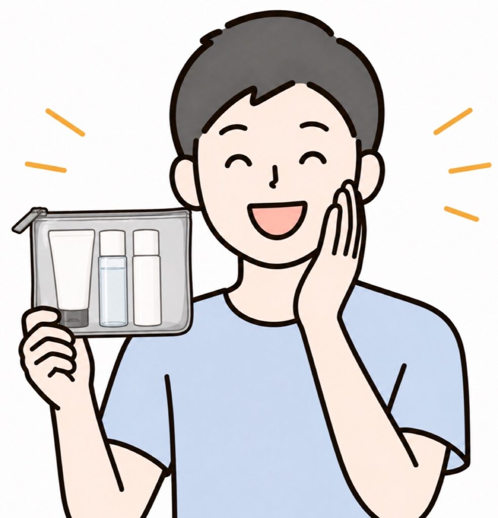メンズスキンケア初心者さんがトライアルセットを使って肌が整って喜んでいる画像