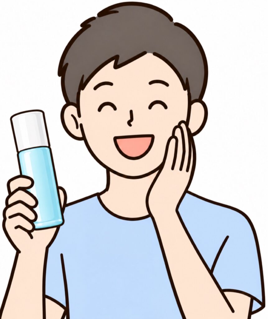 メンズスキンケア初心者向けの、化粧水のあとに使う保湿剤(ジェル・乳液・クリームなど)を使って肌調子が良くなって喜んでいる男性の画像