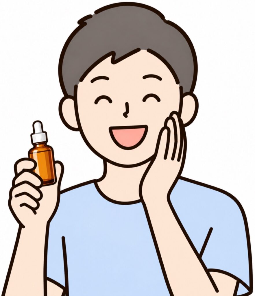 美容ライターが選んだ、メンズスキンケア初心者向けのおすすめ美容液を使って肌悩みのケアができて笑顔になった男性の画像