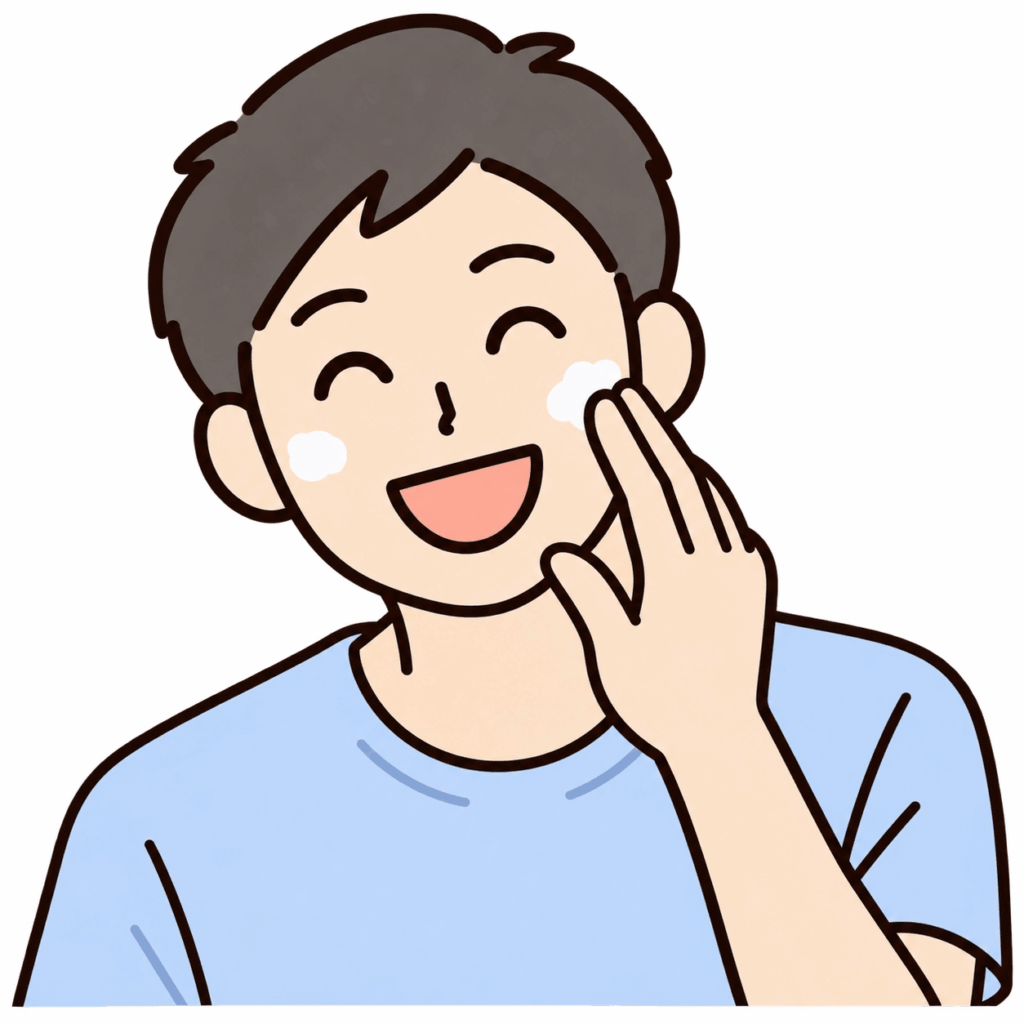 ニベアメン(NIVEA MEN)のクリーム3種類の中から自分の肌に合うクリームを見つけて顔に塗っている笑顔の男性の画像
